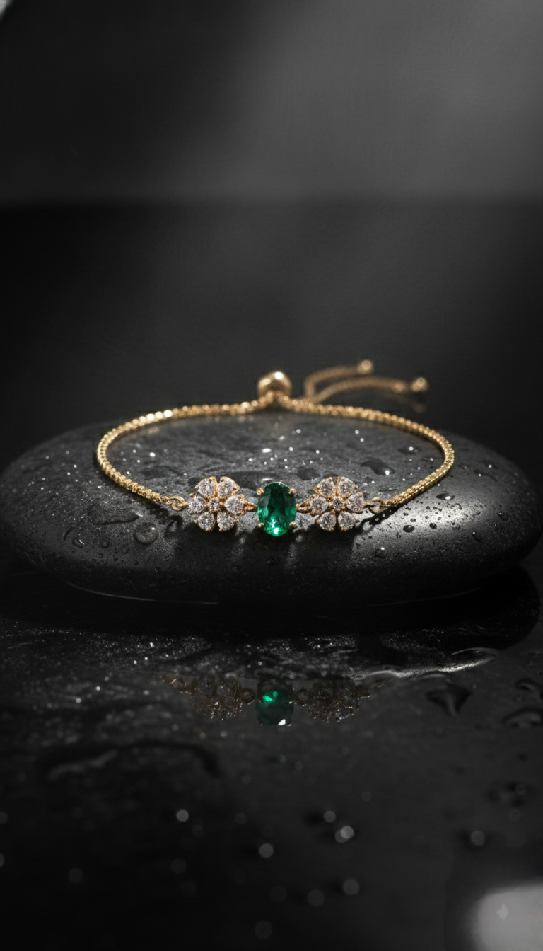 Gold-Tone Green Stone Floral Crystal Designer Bracelet for Women