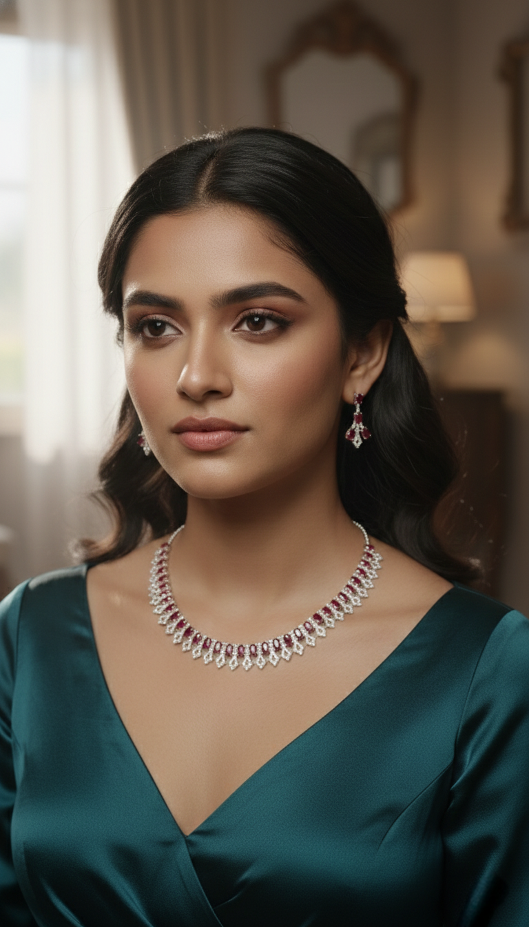Ruby Red Crystal Necklace Set with Matching Drop Earrings for Women
