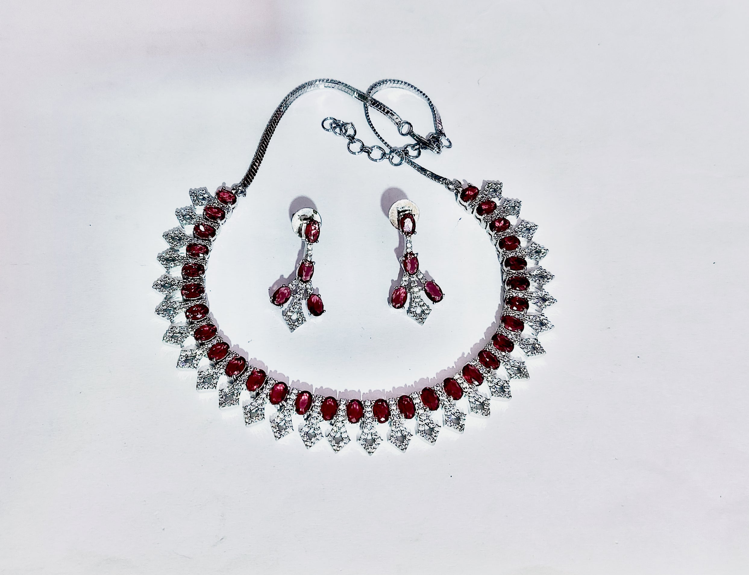 Ruby Red Crystal Necklace Set with Matching Drop Earrings for Women