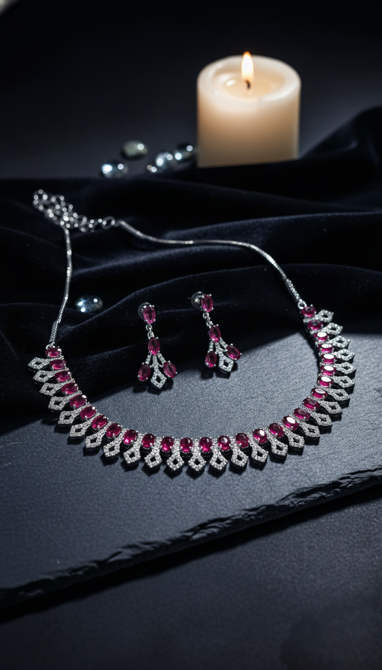Ruby Red Crystal Necklace Set with Matching Drop Earrings for Women