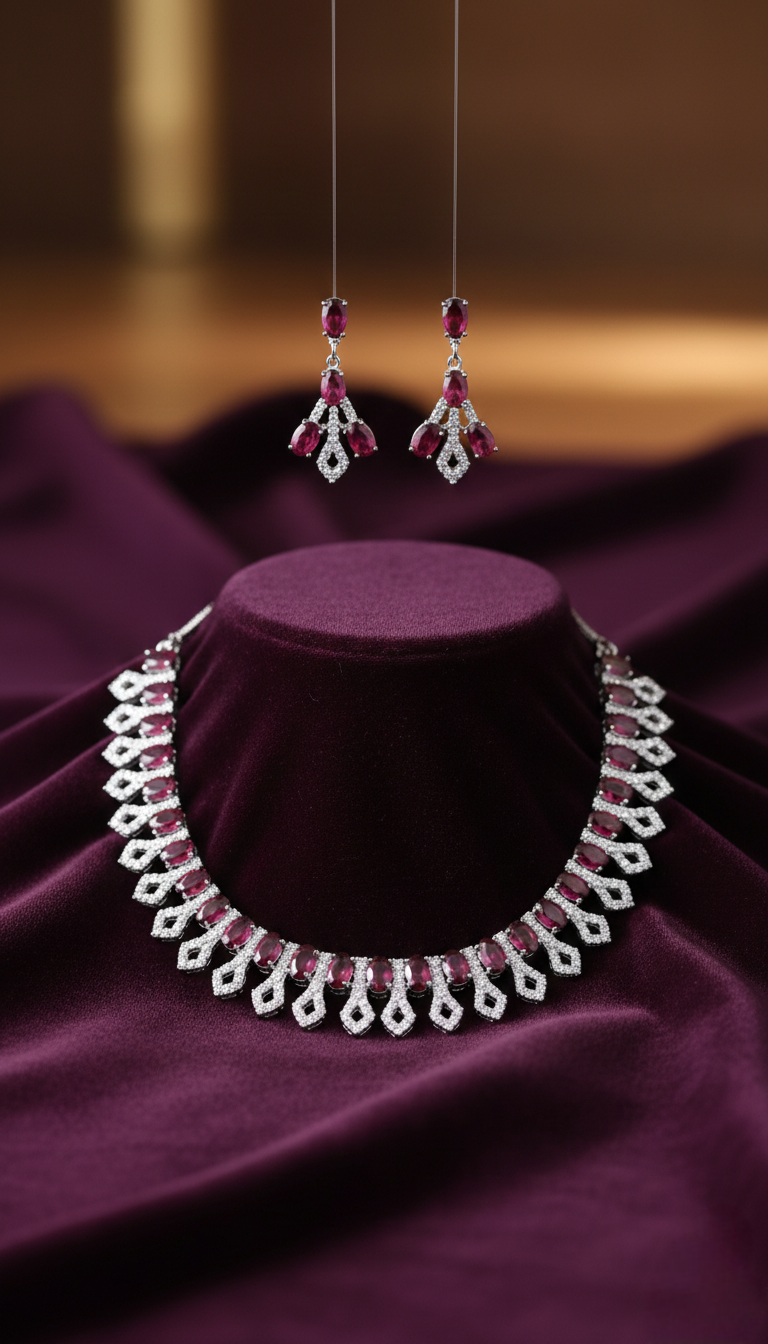 Ruby Red Crystal Necklace Set with Matching Drop Earrings for Women