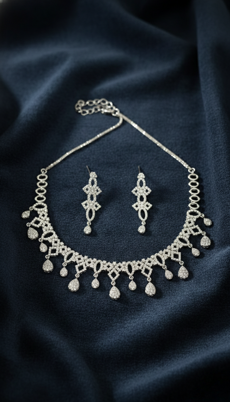 Oxidised Silver Charm Necklace Set with Matching Drop Earrings for Women