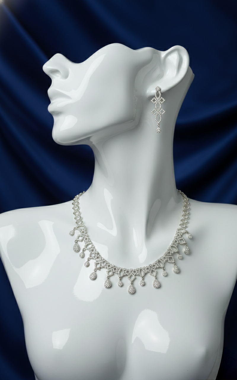 Oxidised Silver Charm Necklace Set with Matching Drop Earrings for Women