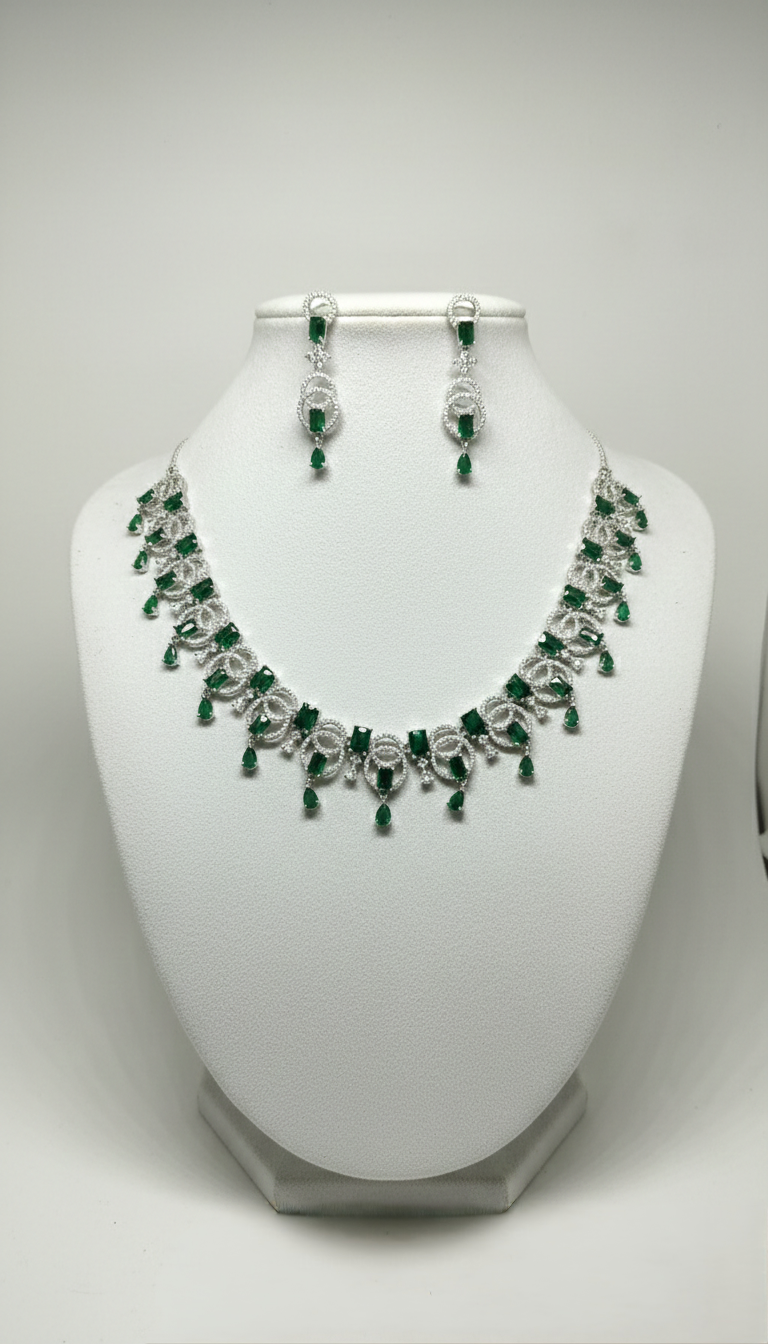 Kayrah Elegant Silver-Tone Green Teardrop Crystal Statement Necklace Set with Matching Drop Earrings