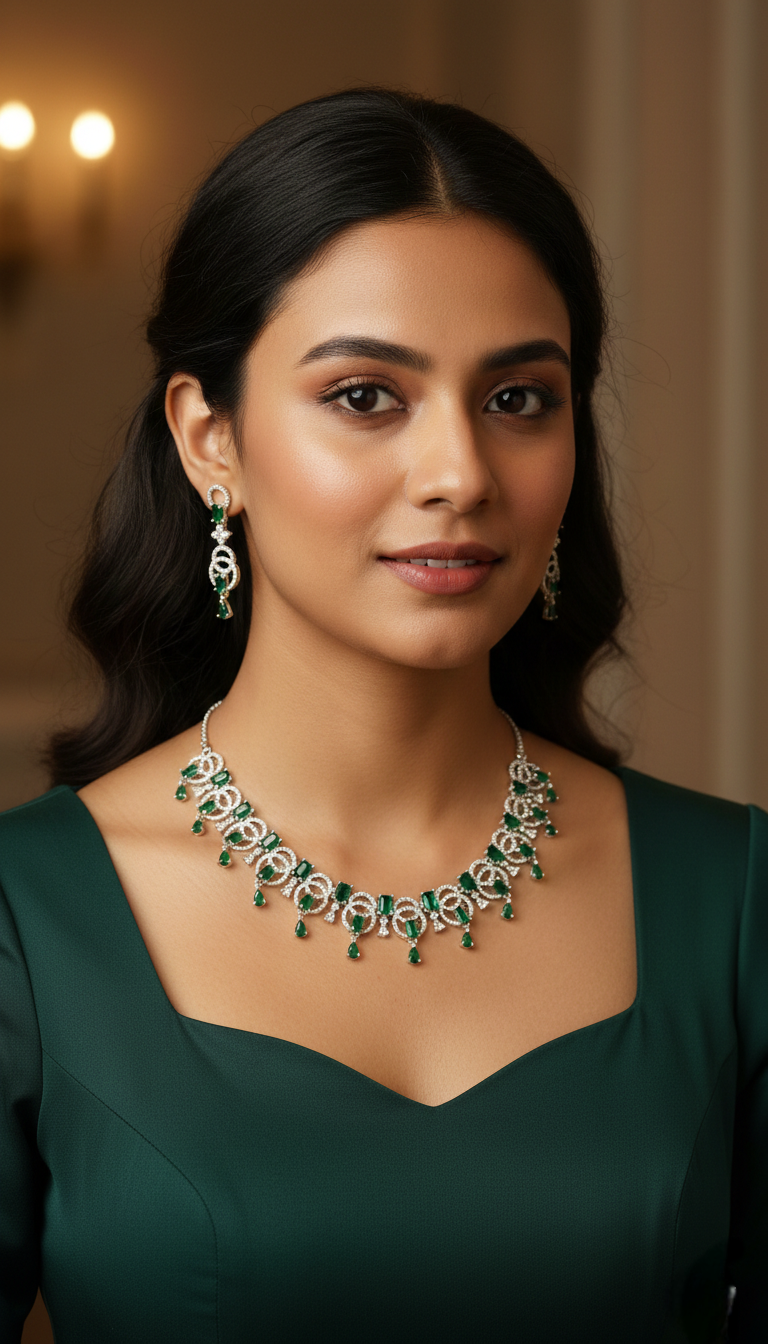 Kayrah Elegant Silver-Tone Green Teardrop Crystal Statement Necklace Set with Matching Drop Earrings