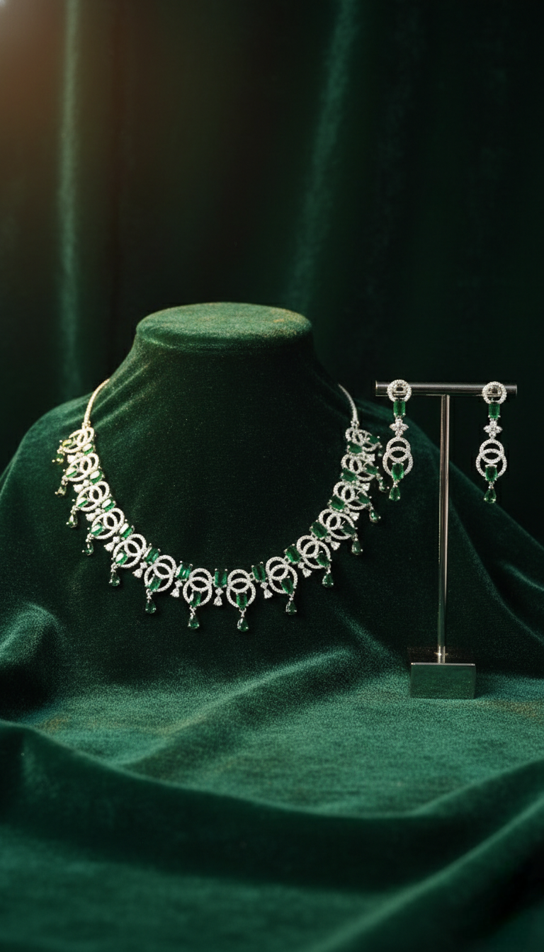 Kayrah Elegant Silver-Tone Green Teardrop Crystal Statement Necklace Set with Matching Drop Earrings