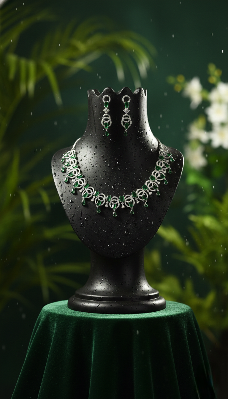 Kayrah Elegant Silver-Tone Green Teardrop Crystal Statement Necklace Set with Matching Drop Earrings