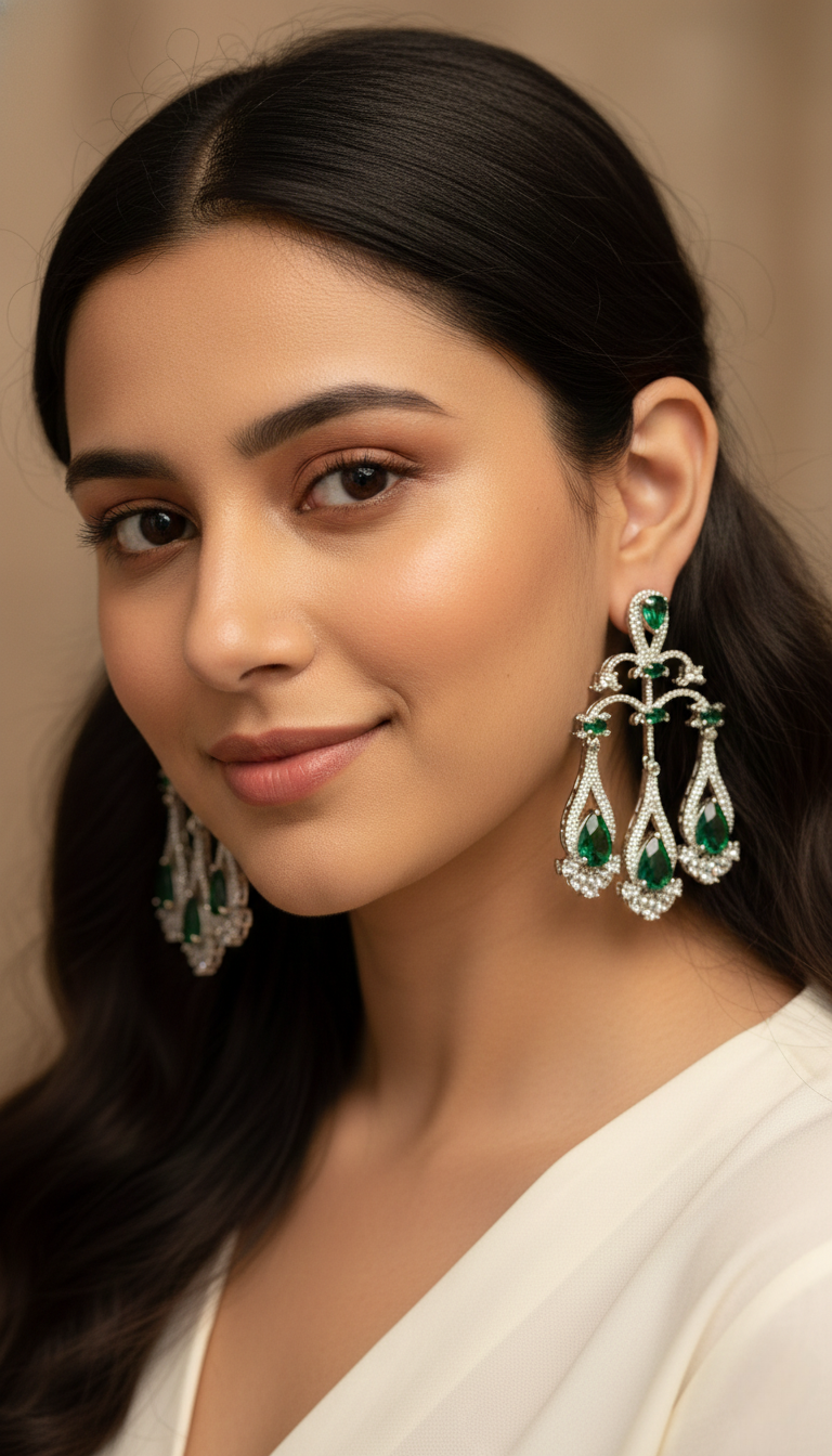 Green Teardrop Crystal Long Drop Earrings for Women