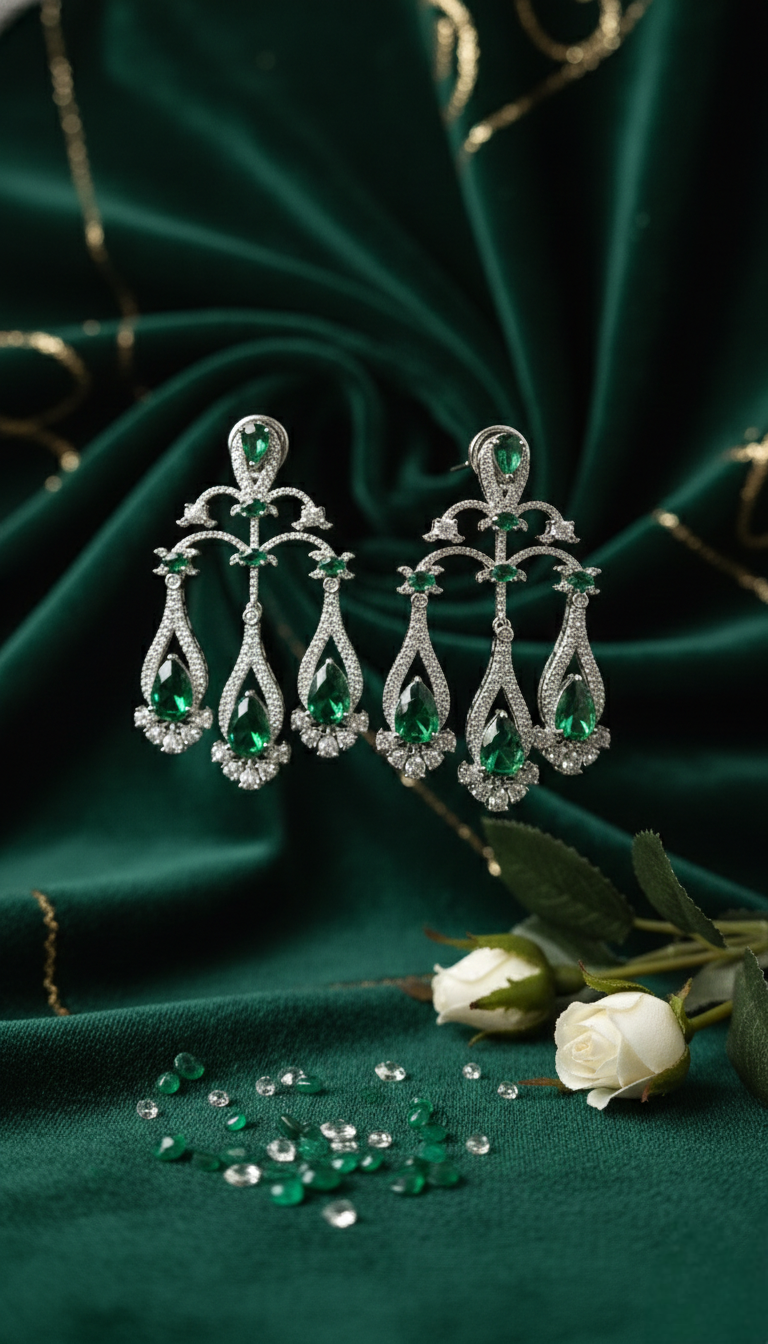 Green Teardrop Crystal Long Drop Earrings for Women