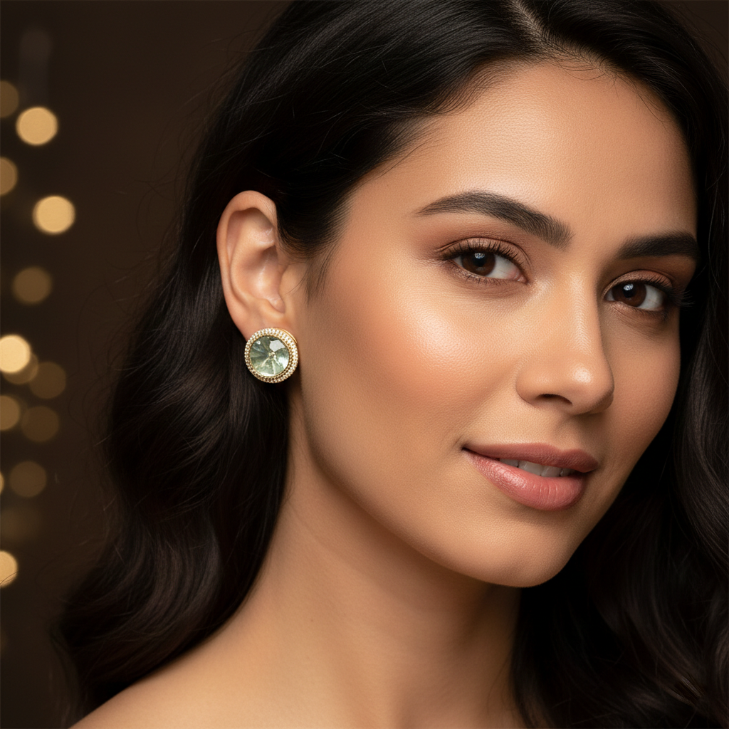 Green Round Stone Gold-Tone Stud Earrings for Women