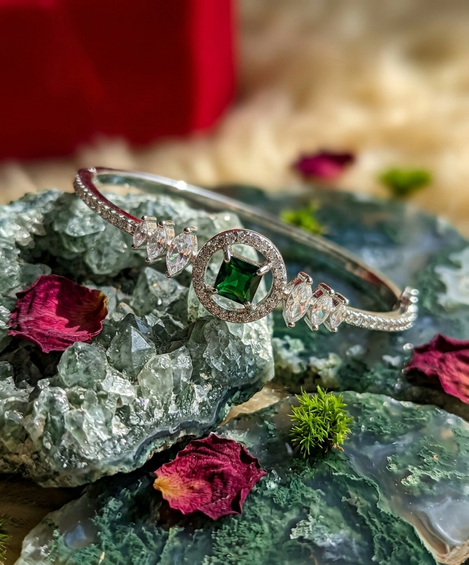 Silver-Tone Green Stone Crystal Embellished Statement Bracelet for Women