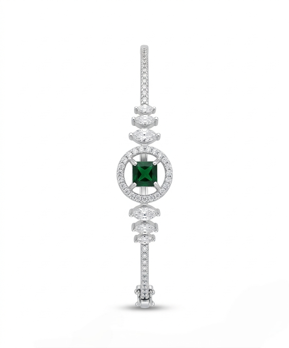 Silver-Tone Green Stone Crystal Embellished Statement Bracelet for Women