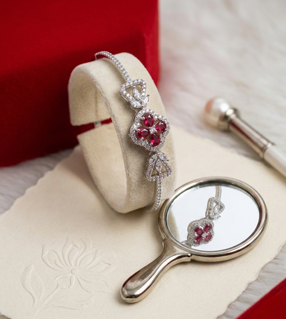 Silver-Tone Red Stone Floral Statement Bracelet for Women