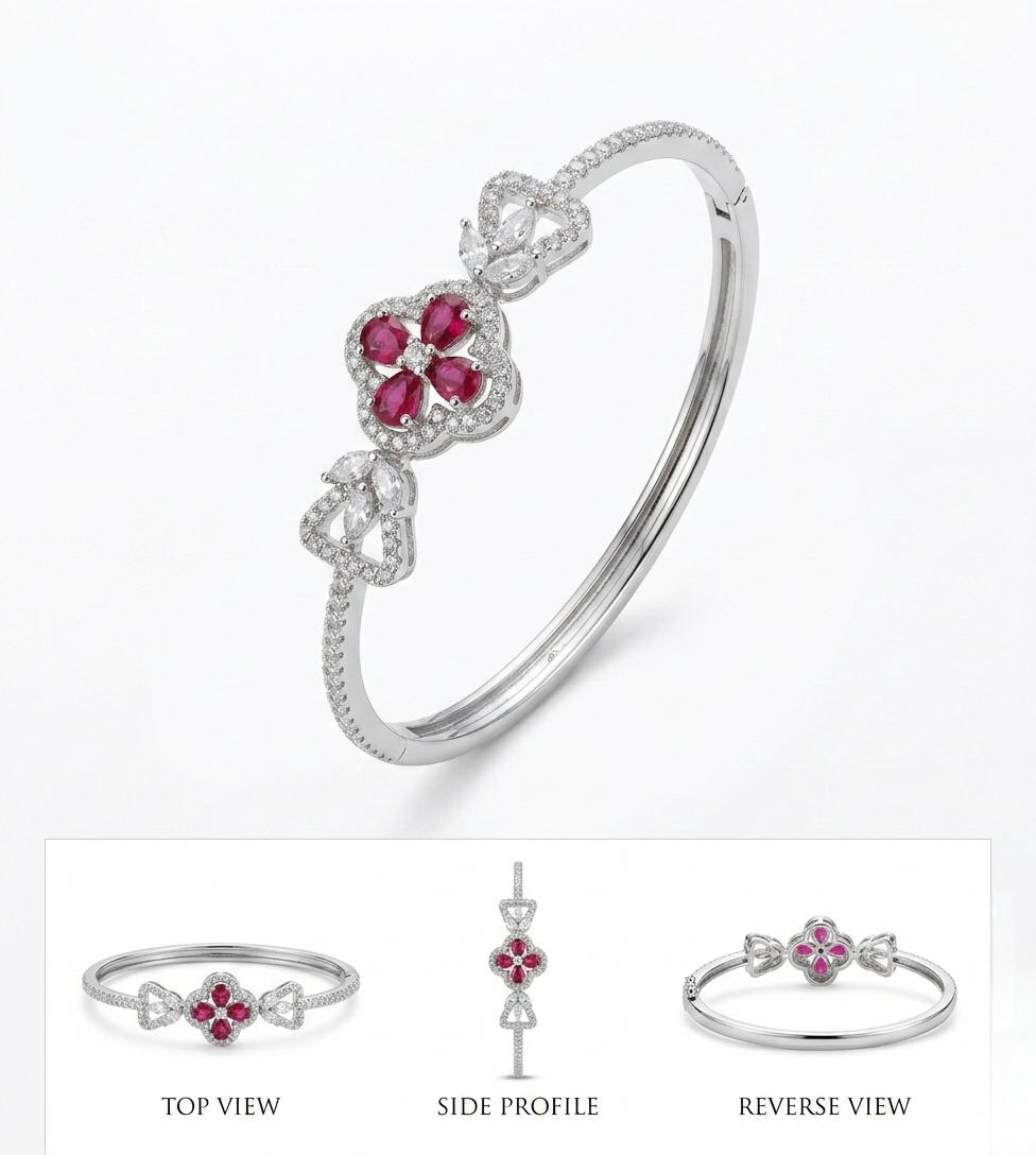 Silver-Tone Red Stone Floral Statement Bracelet for Women