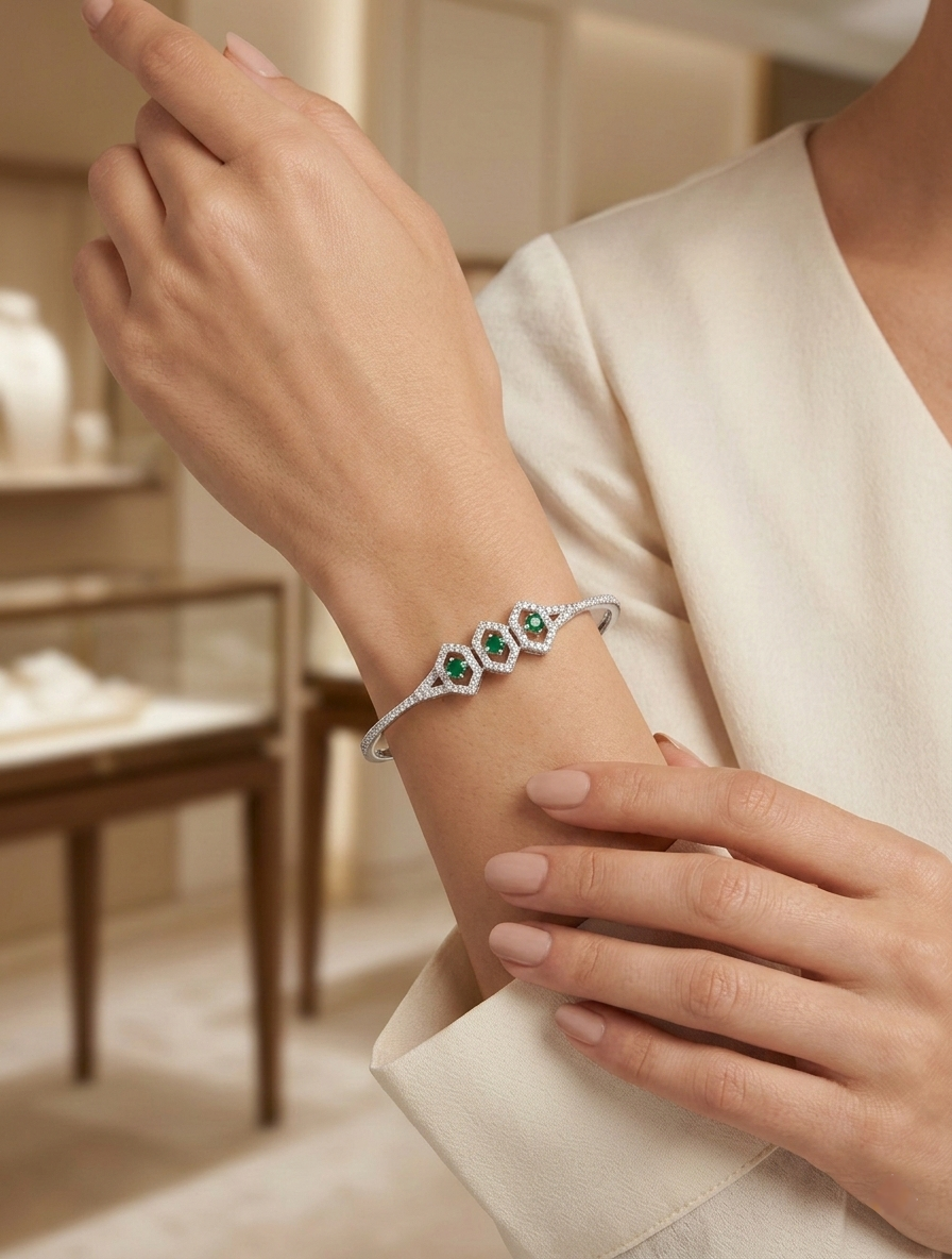 Green Stone Silver-Tone Geometric Designer Bracelet for Women
