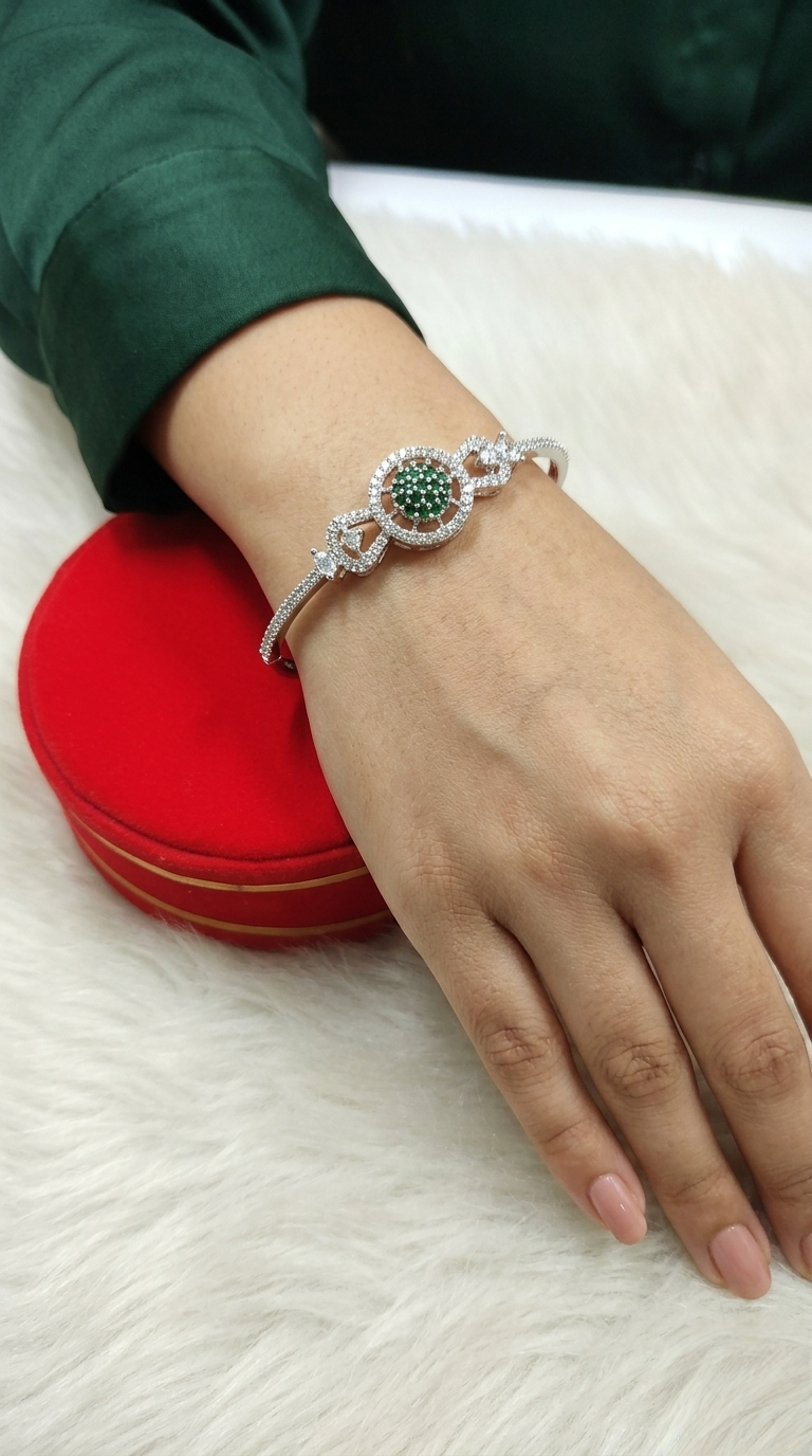 Silver-Tone Green Stone Designer Bracelet for Women