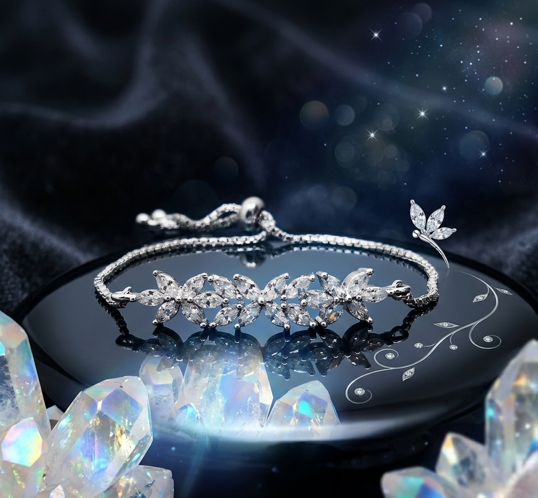 Silver-Tone Crystal Floral Bracelet for Women