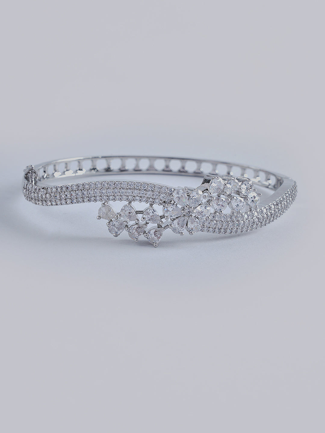 Silver-Tone Crystal Floral Cuff Bracelet for Women