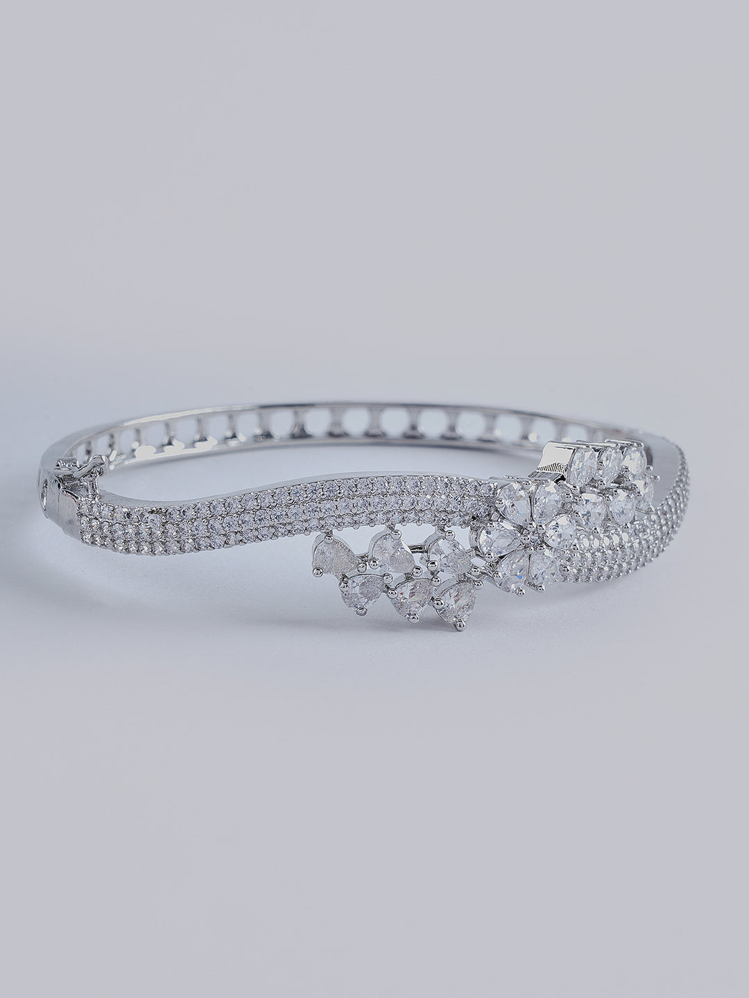 Silver-Tone Crystal Floral Cuff Bracelet for Women