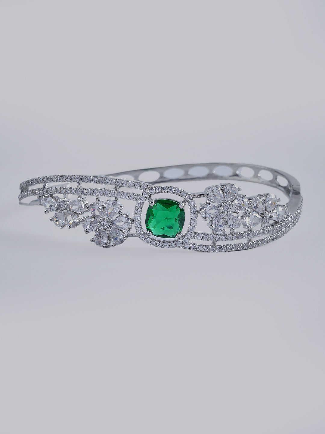 Silver-Tone Green Stone Floral Crystal Designer Bracelet for Women