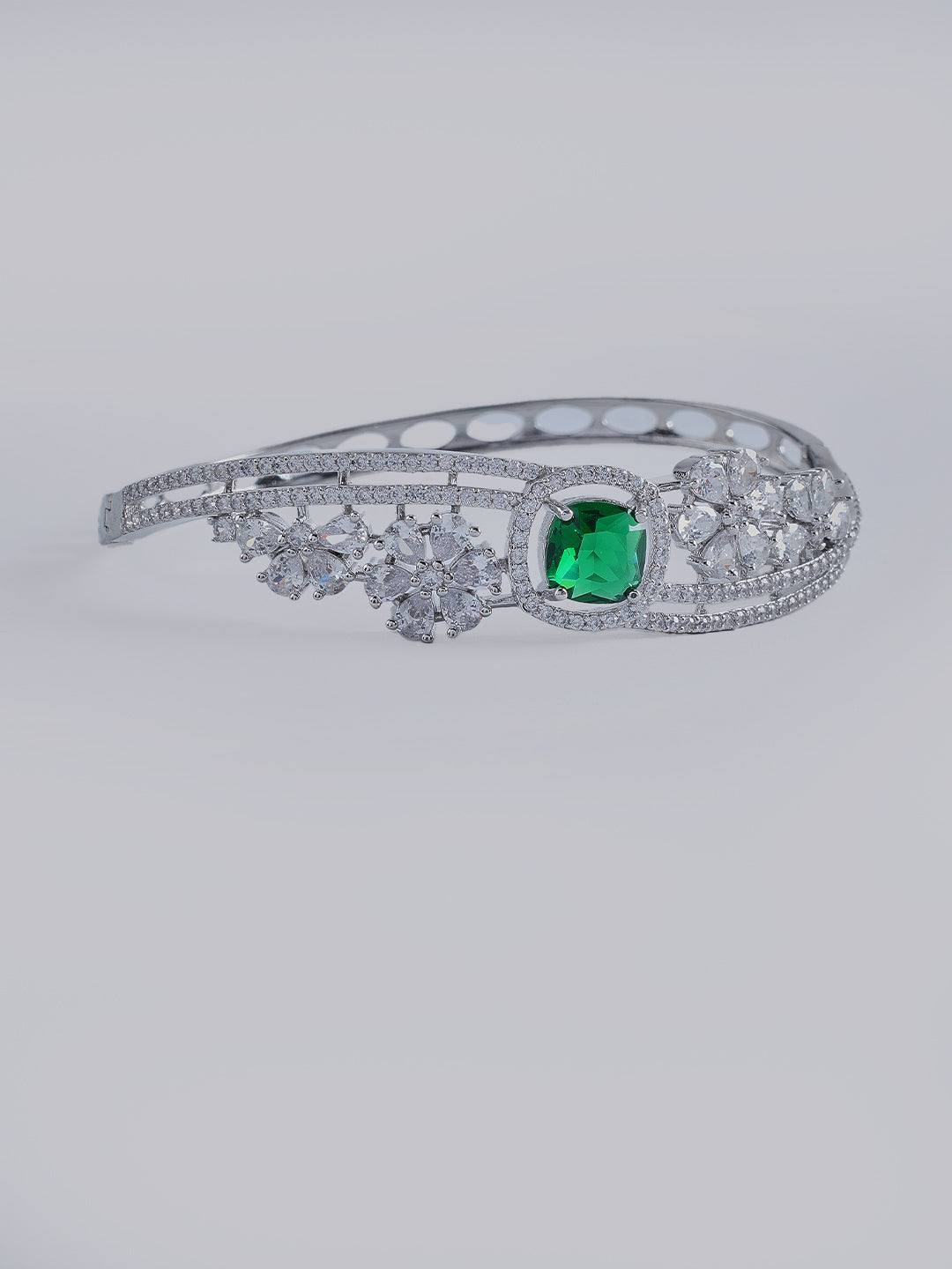 Silver-Tone Green Stone Floral Crystal Designer Bracelet for Women