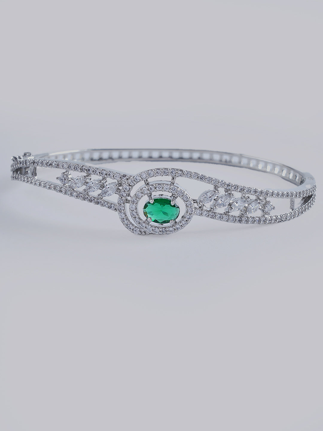 Silver-Tone Green Stone Crystal Bangle Bracelet for Women