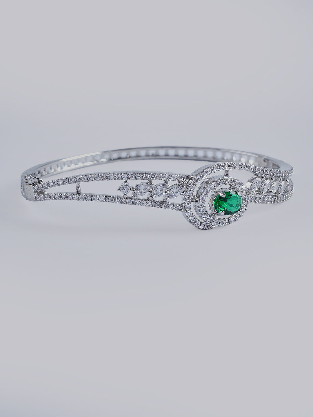 Silver-Tone Green Stone Crystal Bangle Bracelet for Women