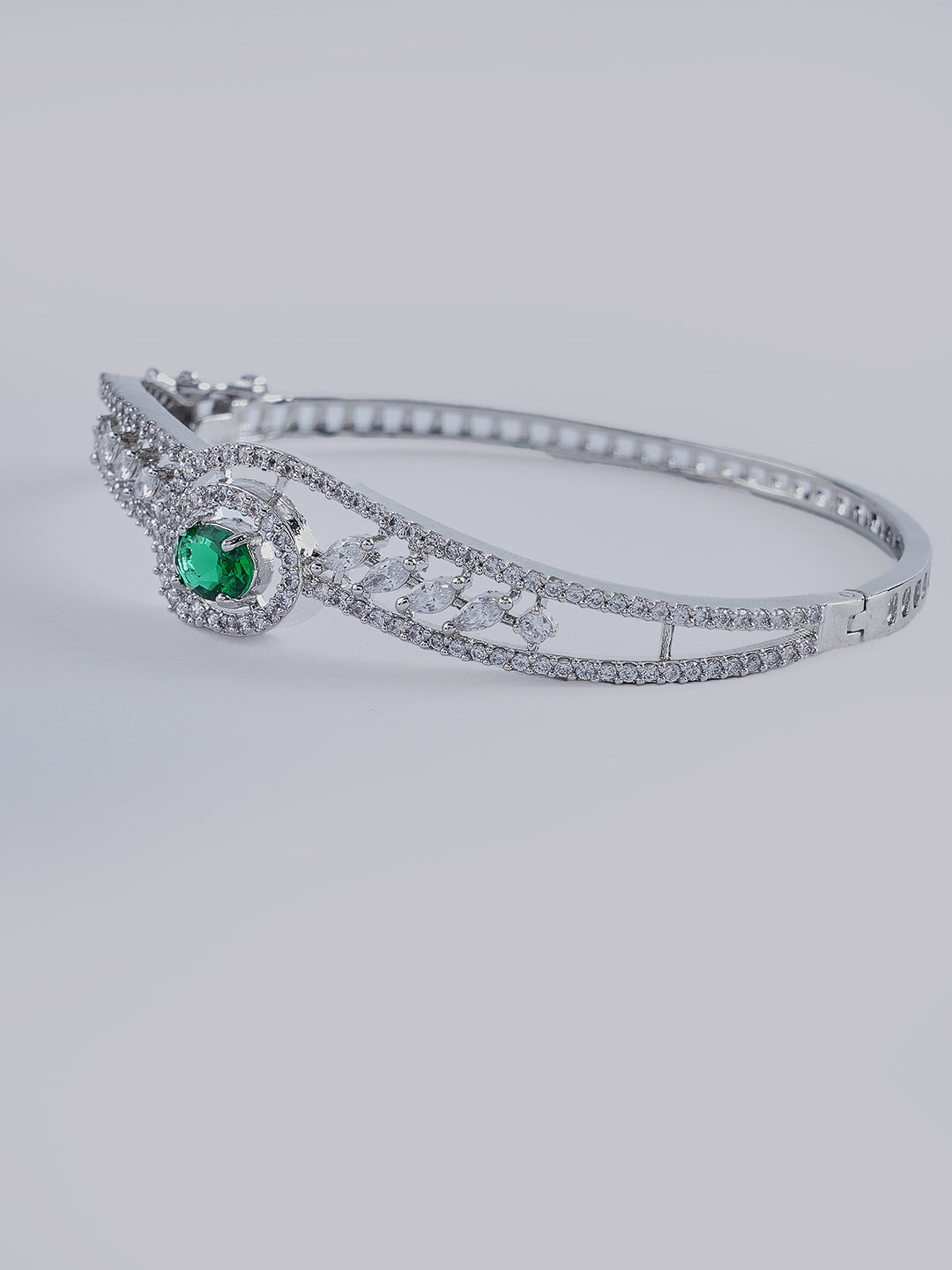 Silver-Tone Green Stone Crystal Bangle Bracelet for Women