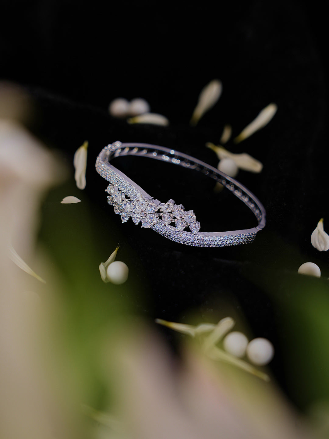 Silver-Tone Crystal Floral Cuff Bracelet for Women