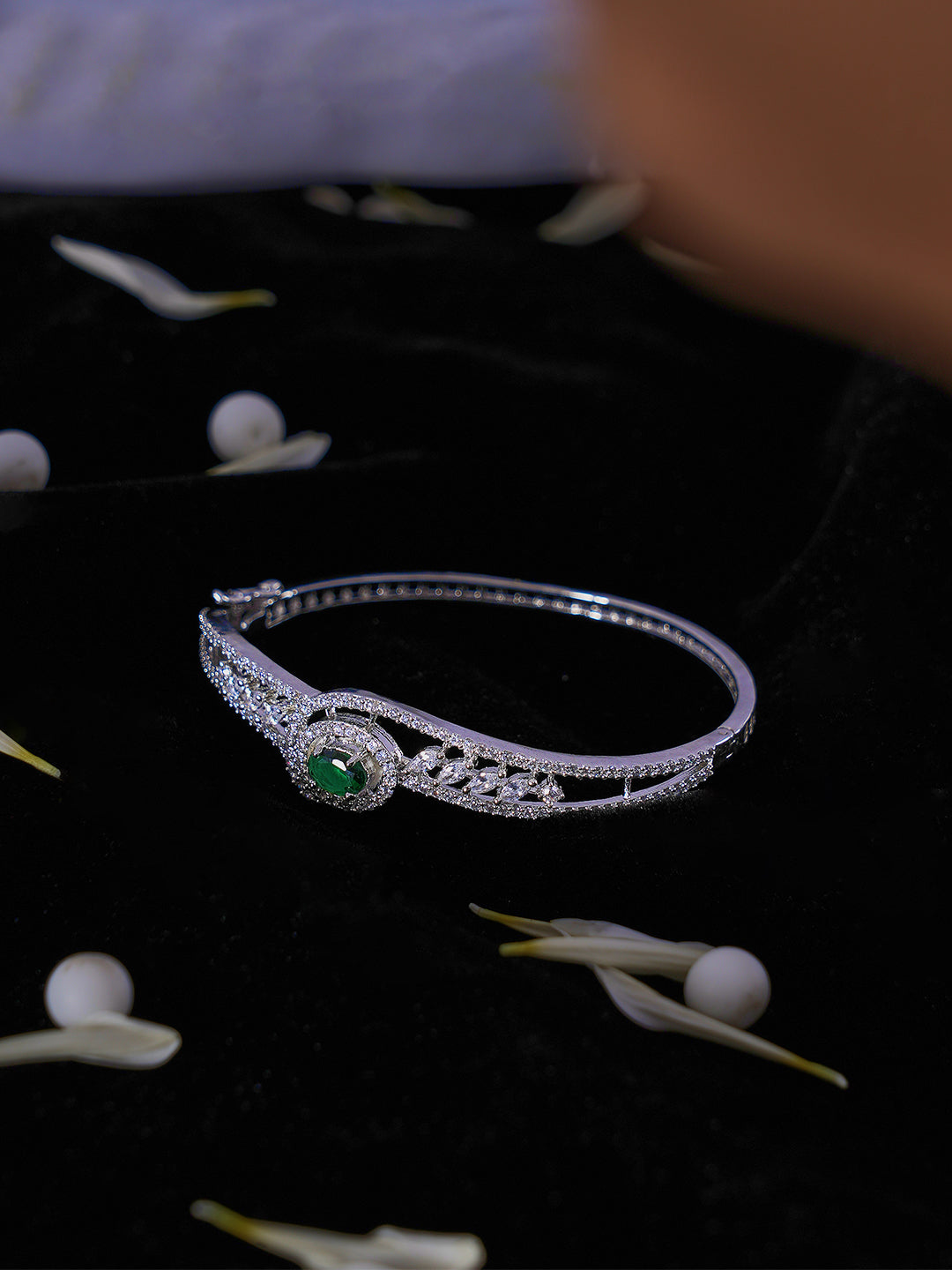 Silver-Tone Green Stone Crystal Bangle Bracelet for Women
