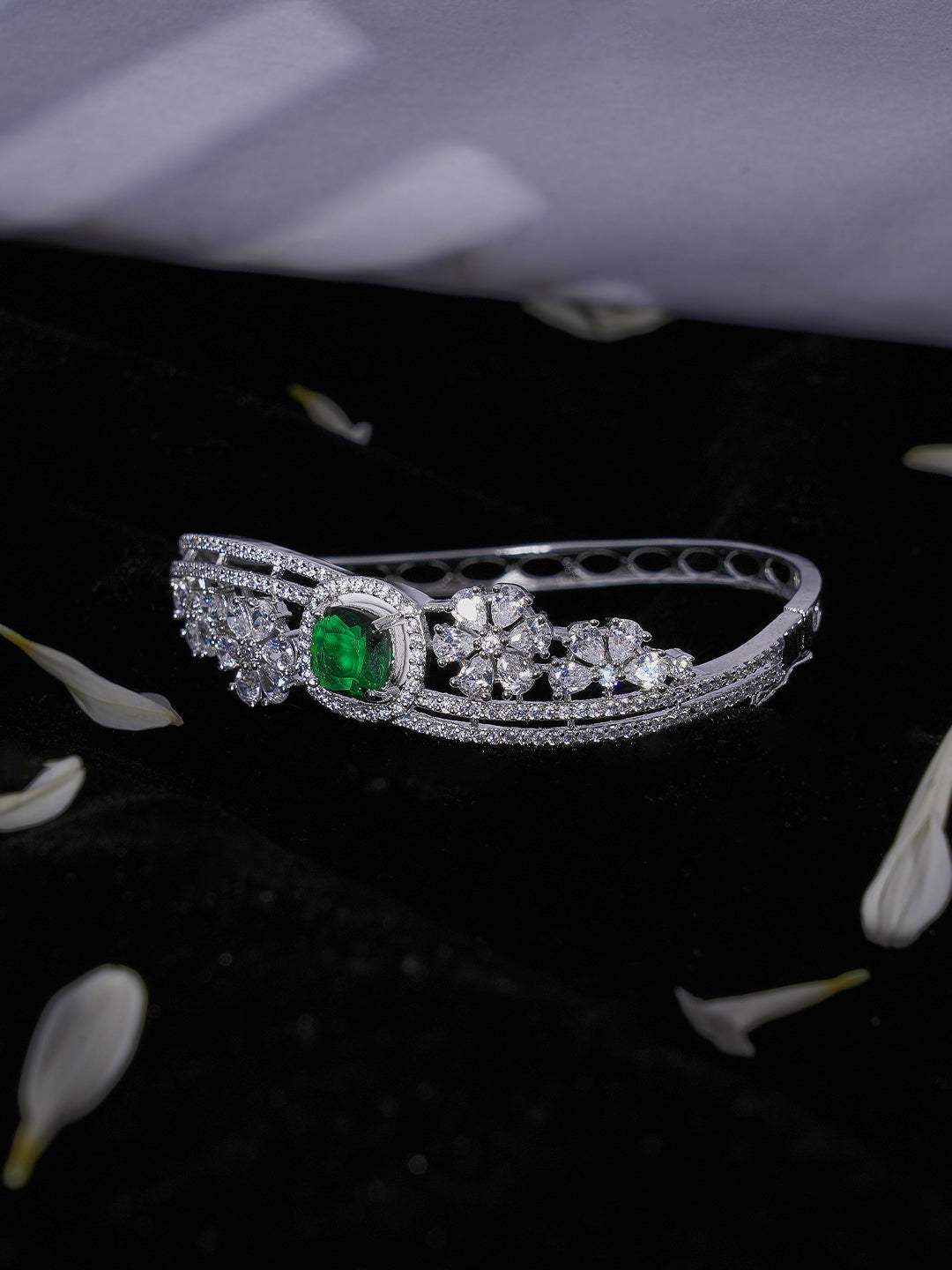 Silver-Tone Green Stone Floral Crystal Designer Bracelet for Women