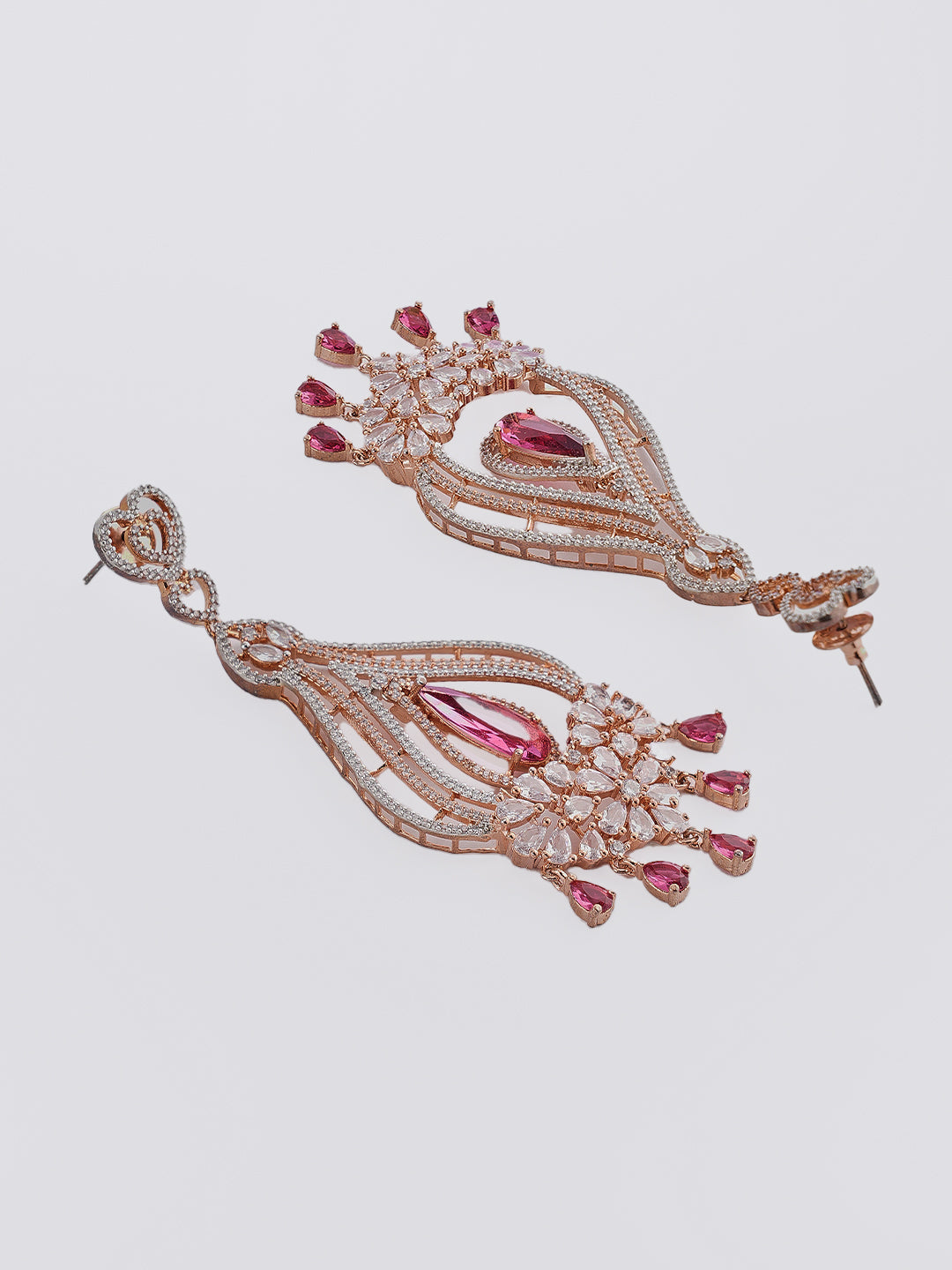 Silver-Tone Pink Crystal Teardrop Chandelier Earrings for Women