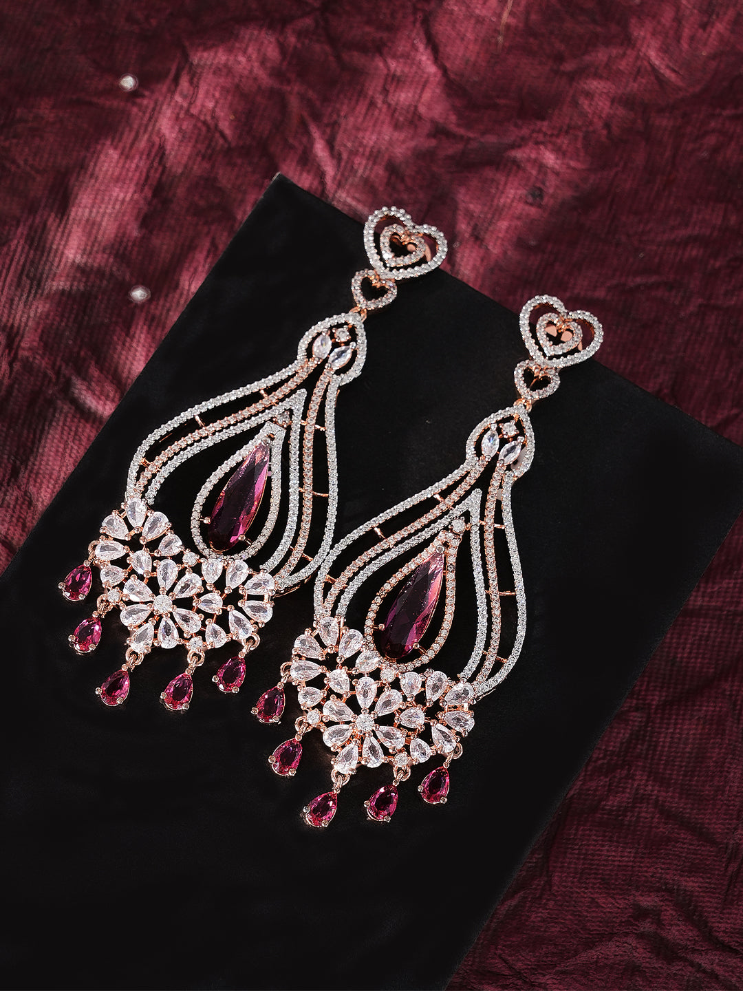 Silver-Tone Pink Crystal Teardrop Chandelier Earrings for Women