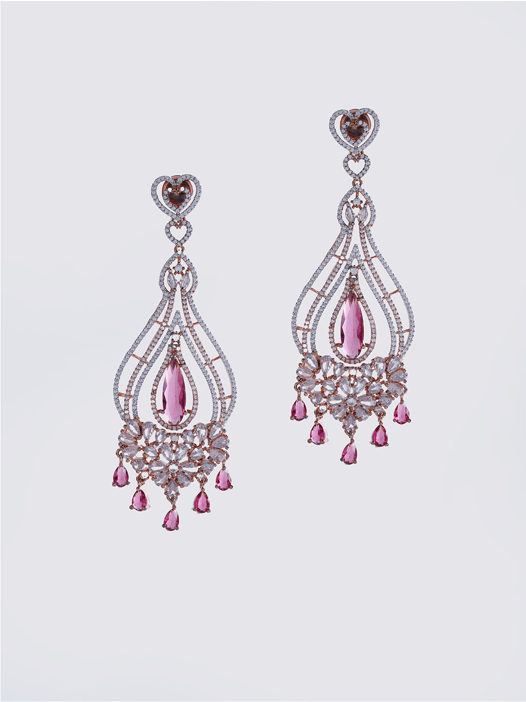 Silver-Tone Pink Crystal Teardrop Chandelier Earrings for Women