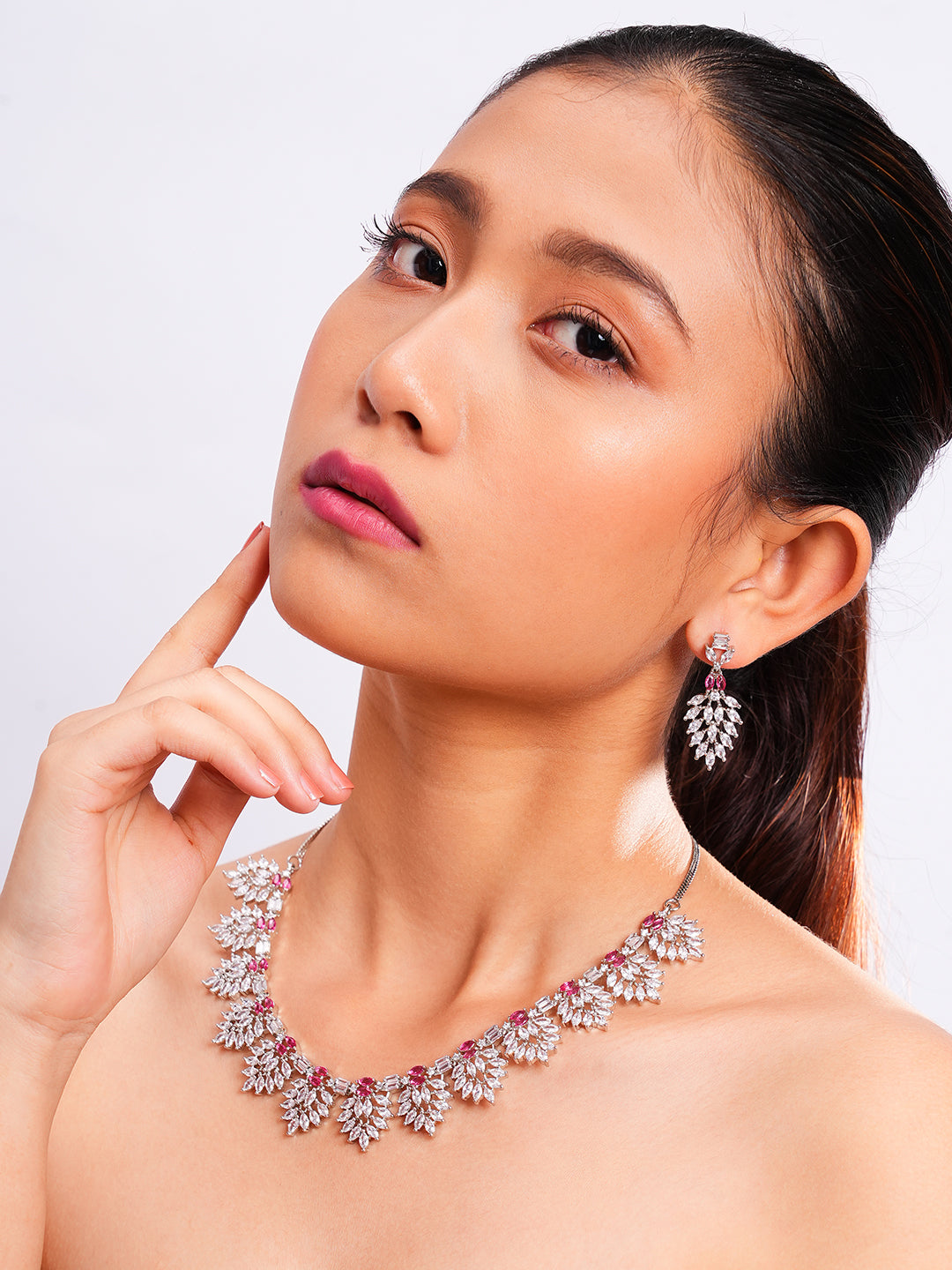 Kayrah Silver Tone Floral Crystal Necklace & Earrings Set for Women