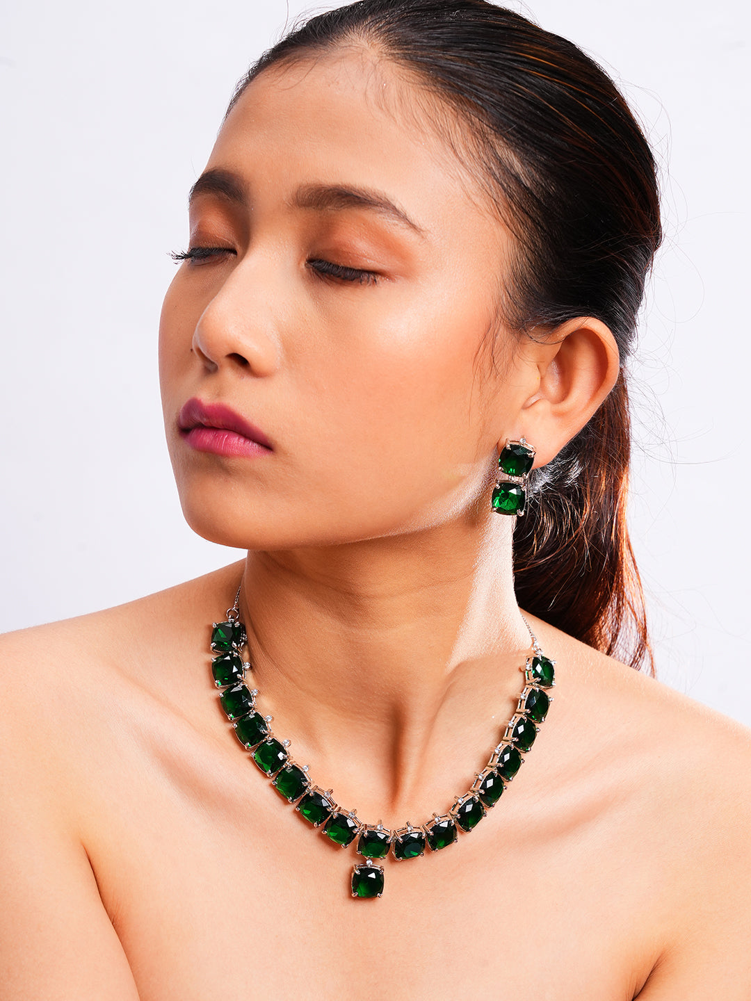Emerald Green Stone Silver Necklace & Earrings Set for Women