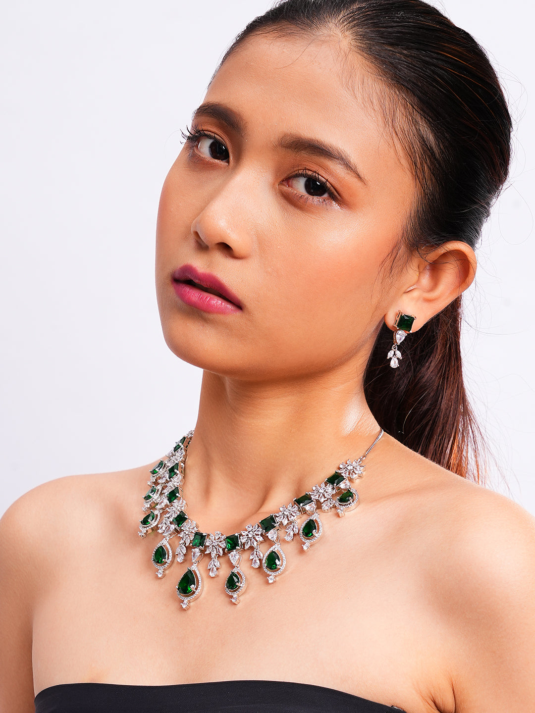 Emerald Green Statement Necklace & Earrings Set with Teardrop Stones
