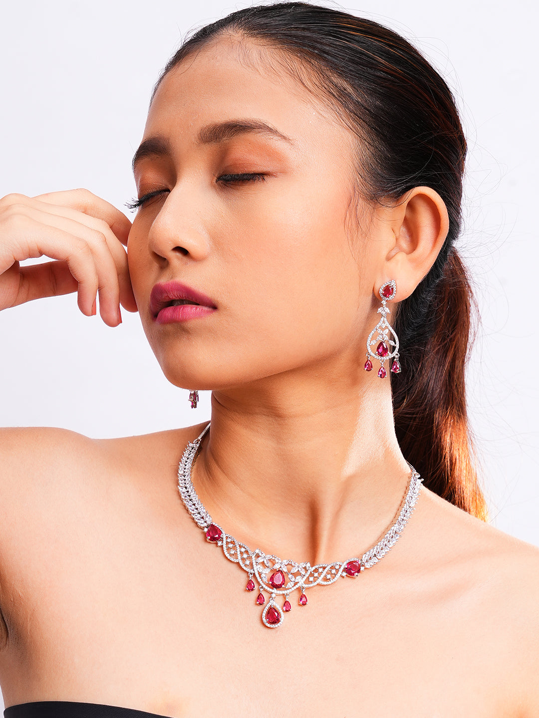 Red & Silver Crystal Necklace and Earrings Set for Women