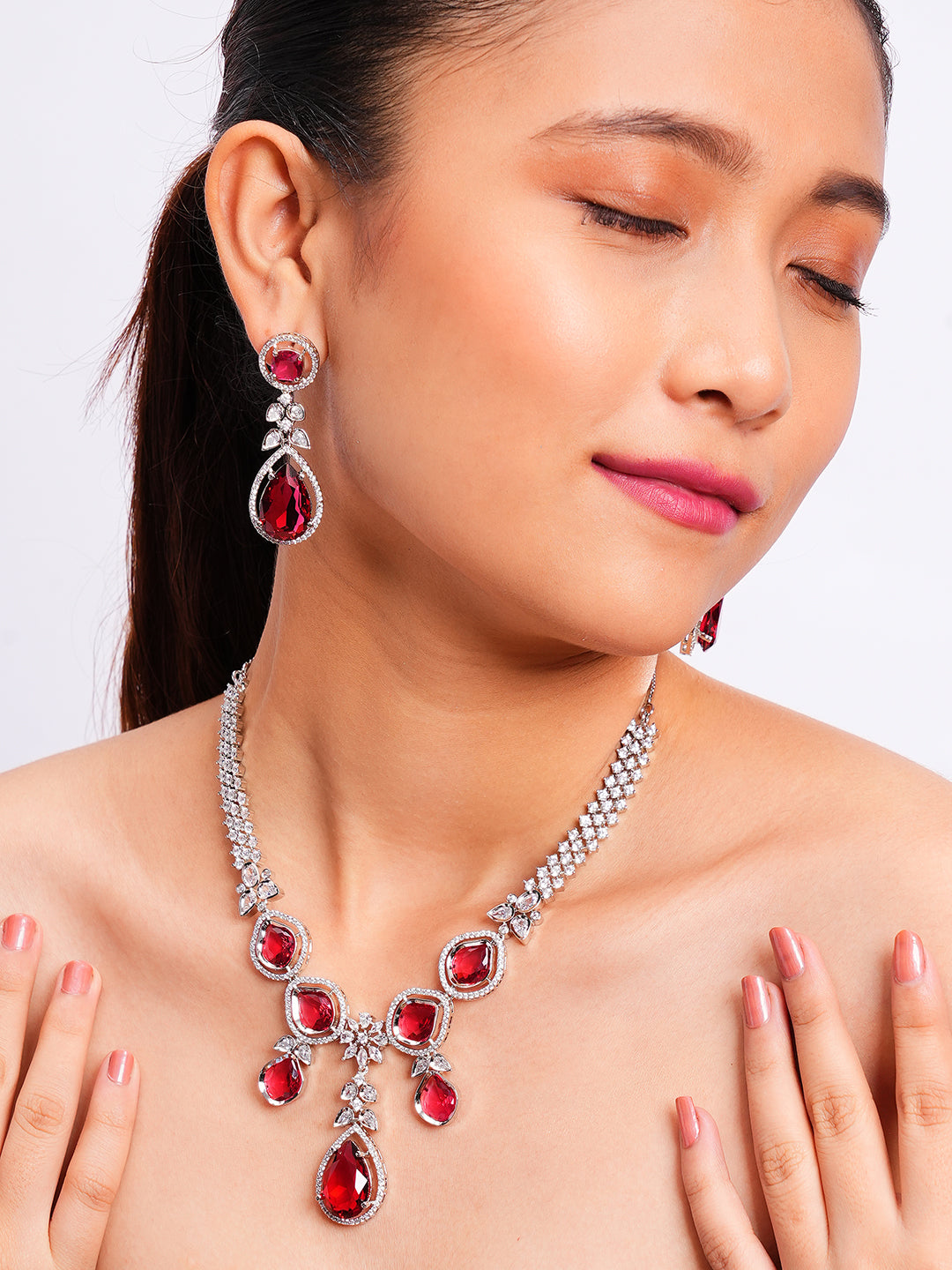 Ruby Red Statement Necklace & Earrings Set with Teardrop Stones
