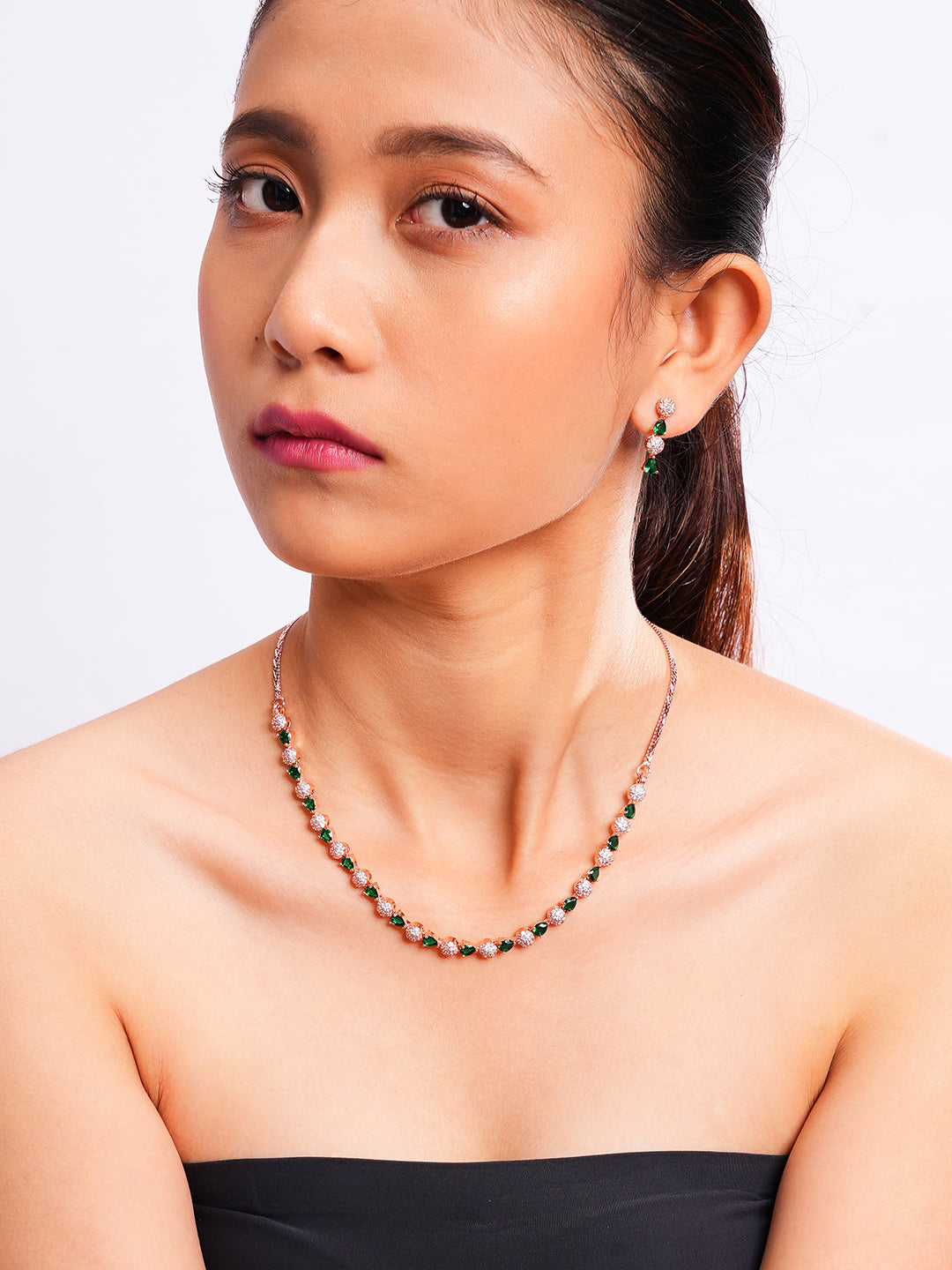 Emerald Green & Clear Stone Necklace Earrings Set for Women