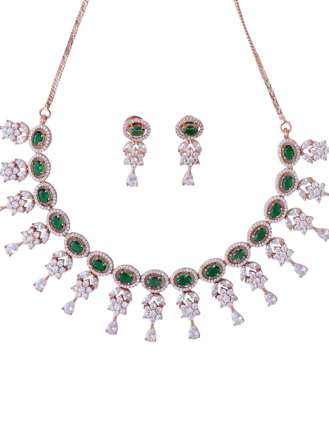 Green Emerald-Style Rose Gold Necklace & Earrings Set for Women
