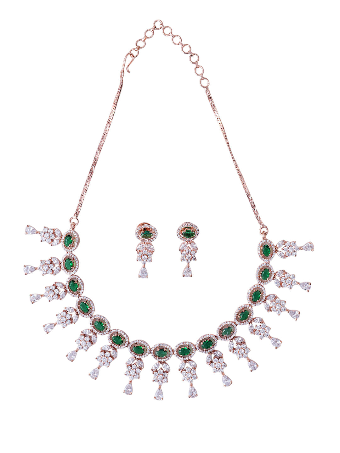 Green Emerald-Style Rose Gold Necklace & Earrings Set for Women