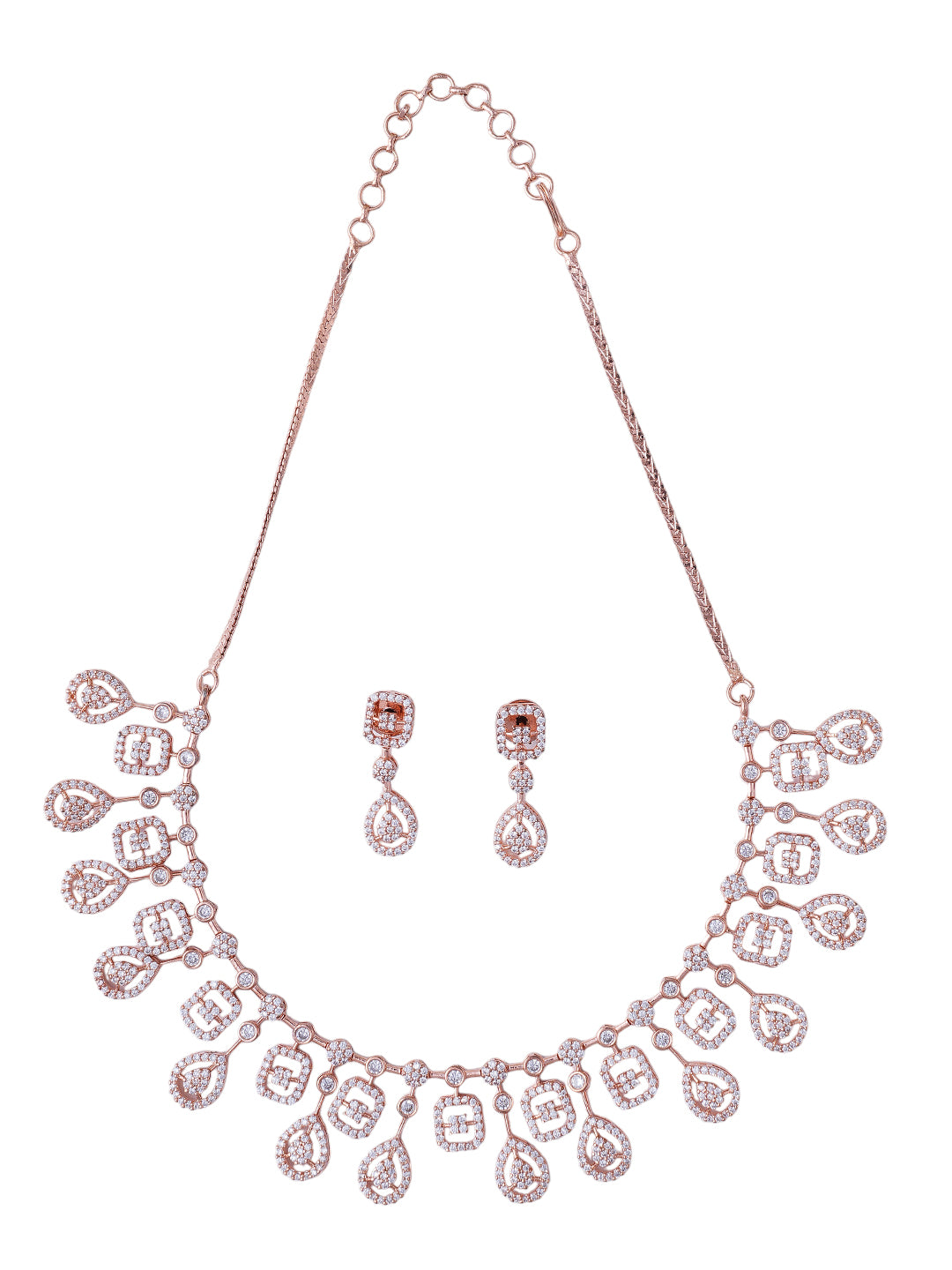 Rose Gold Geometric Necklace & Earrings Set with Crystal Detailing