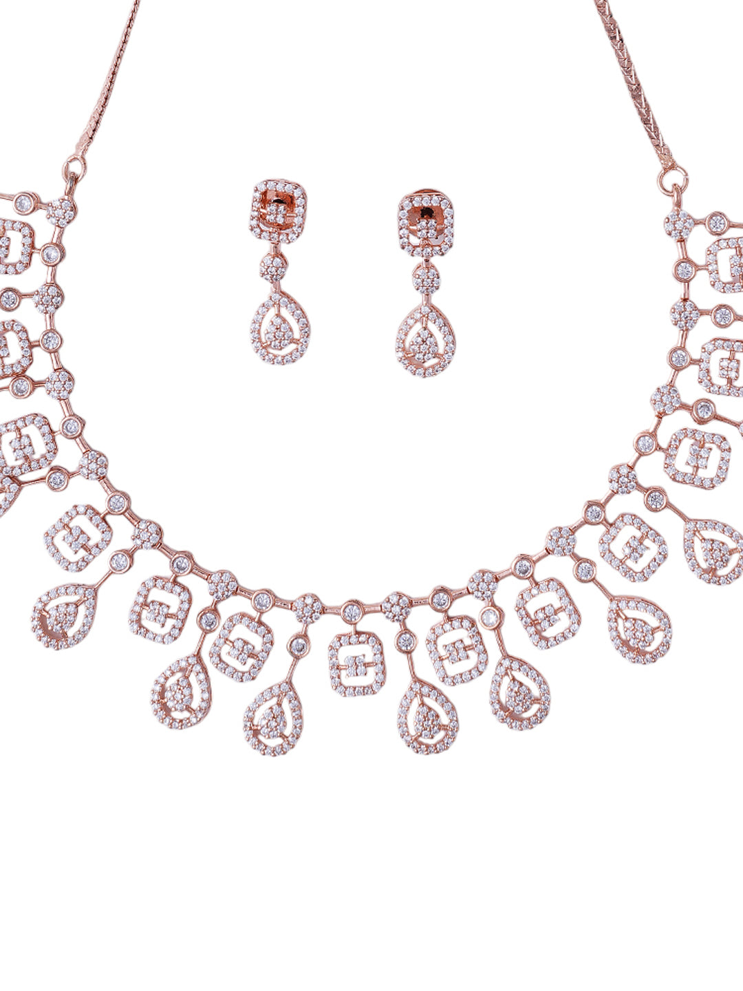 Rose Gold Geometric Necklace & Earrings Set with Crystal Detailing