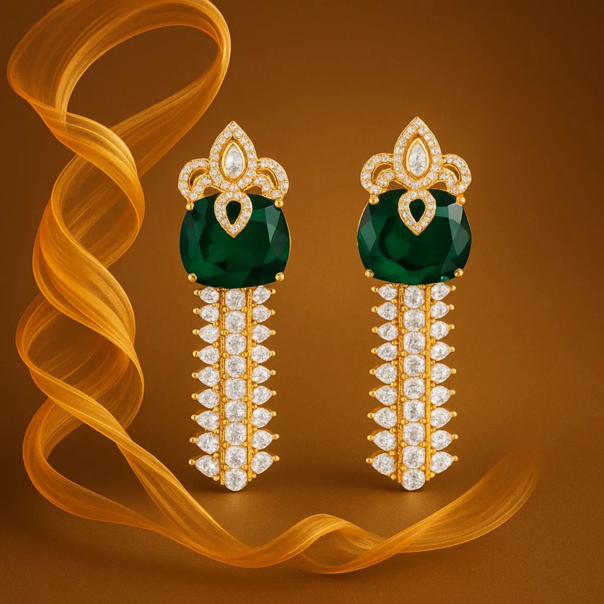 Green Brass  Gold Plated Handcrafted Water Resistance CZ Stone  Earring Set For Women