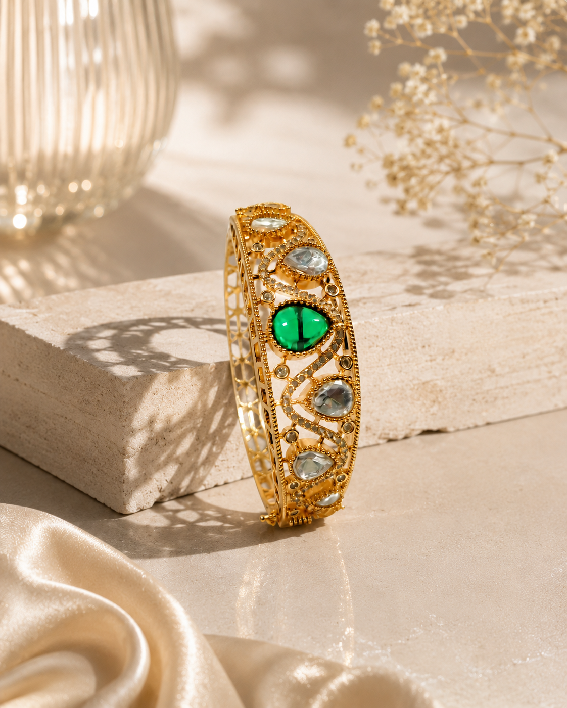 Gold Tone Green Stone Designer Bracelet for Women