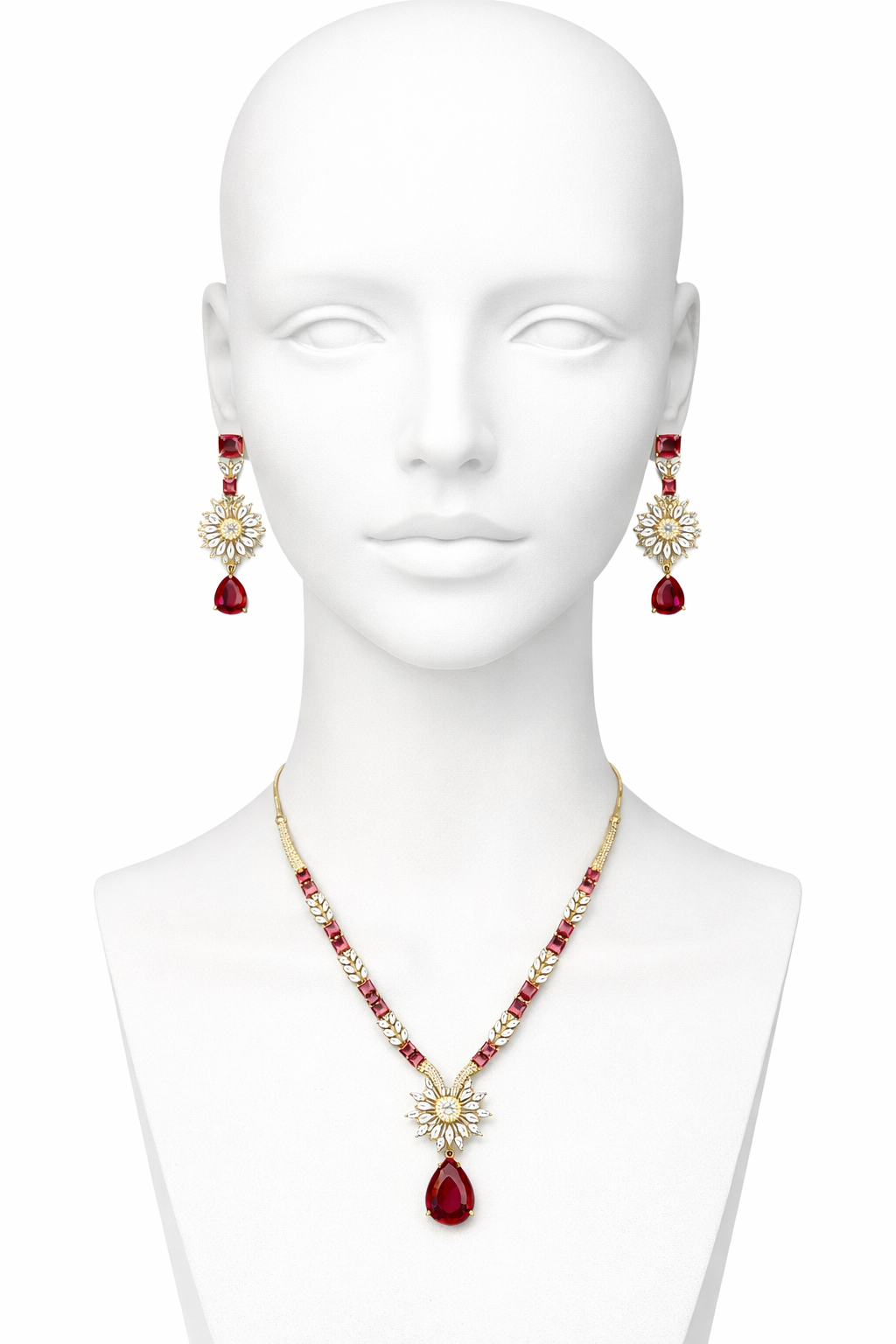 Kayrah Gold Tone Red Stone Floral Necklace Set with Earrings
