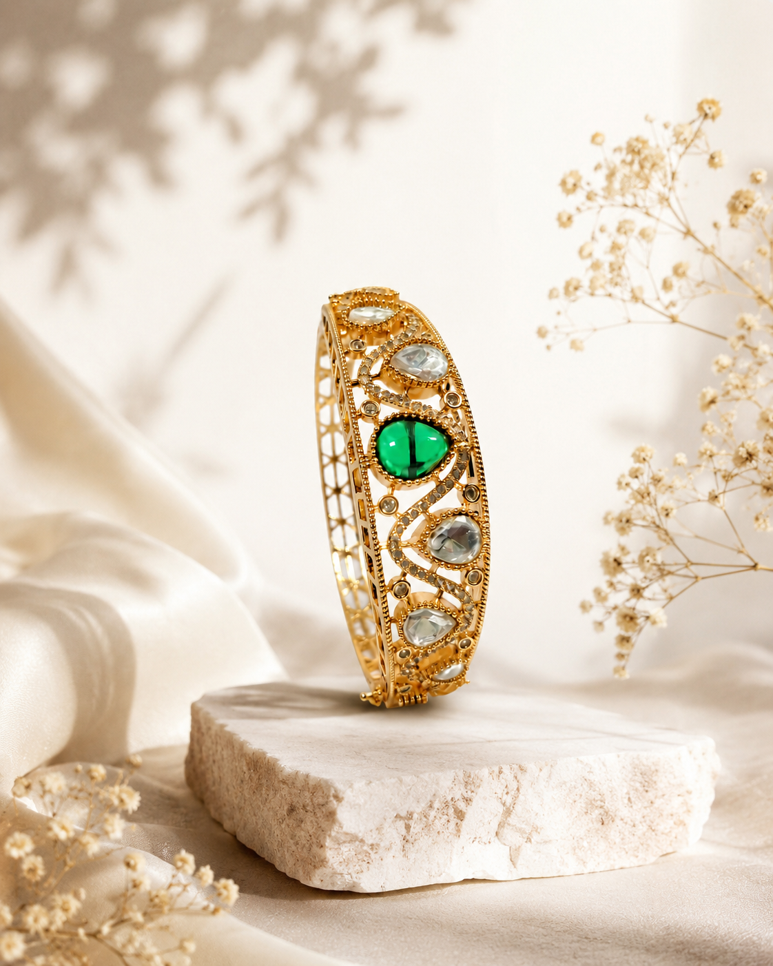 Gold Tone Green Stone Designer Bracelet for Women