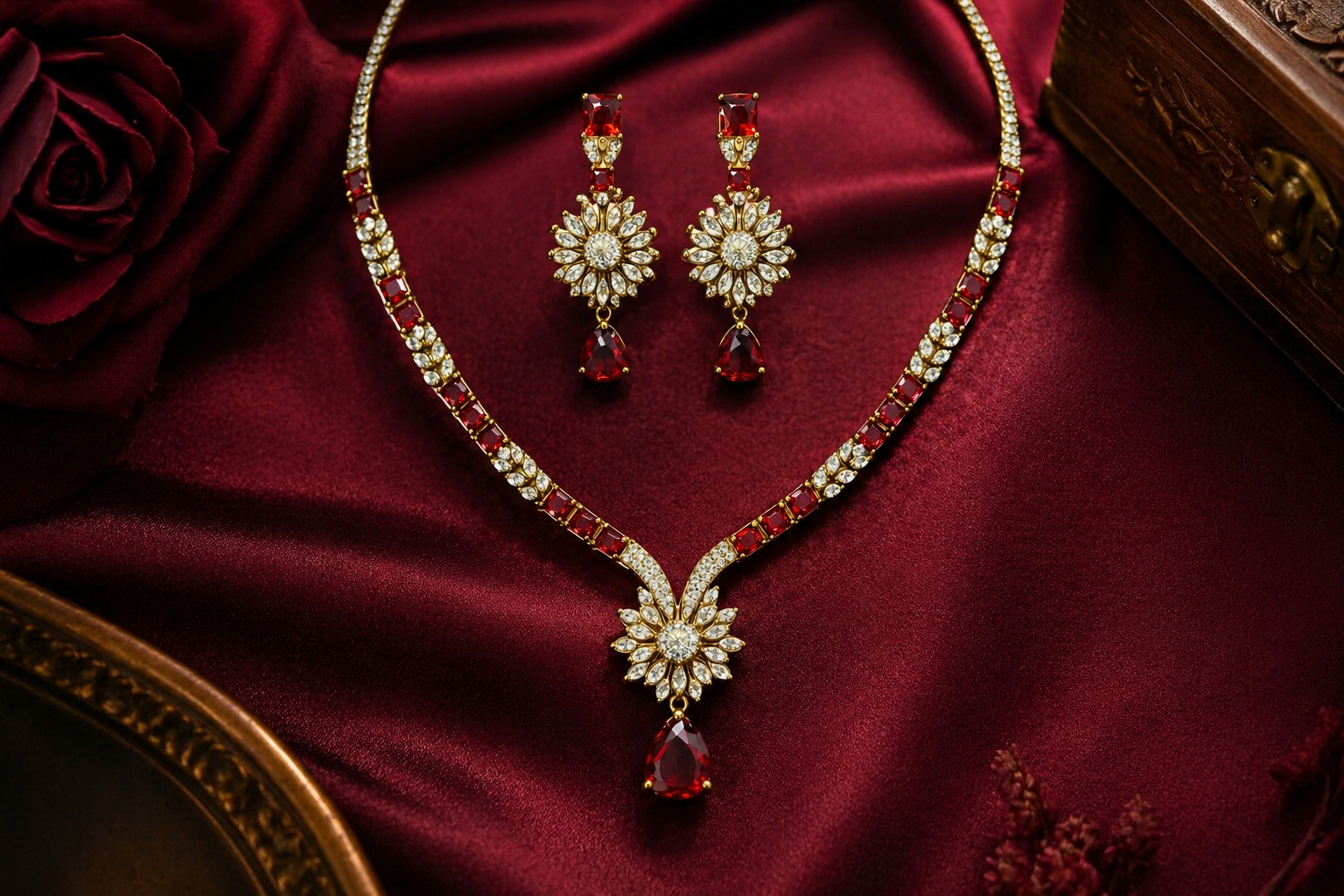 Kayrah Gold Tone Red Stone Floral Necklace Set with Earrings
