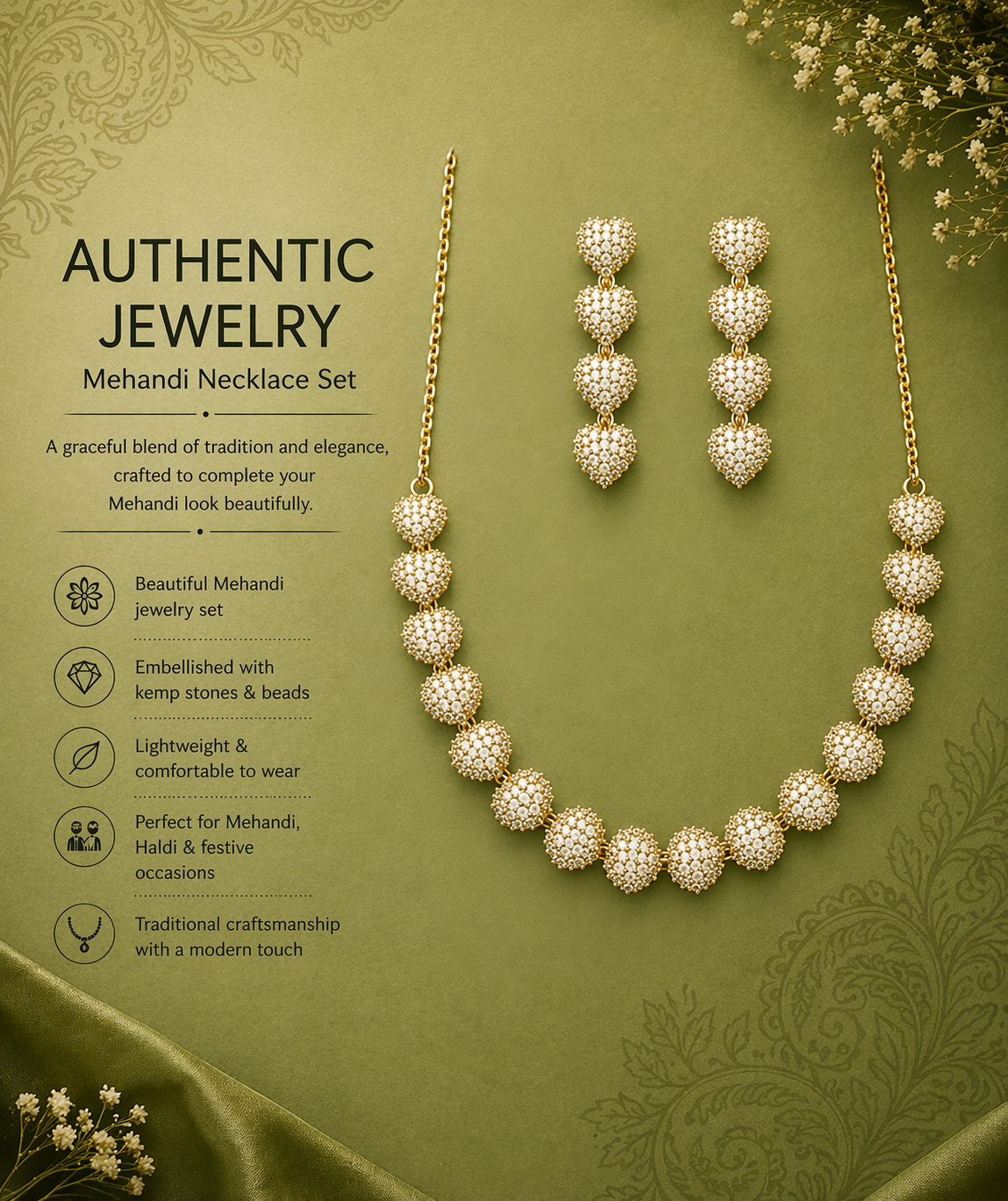 Kayrah Gold Tone Red Stone Floral Necklace Set with Earrings